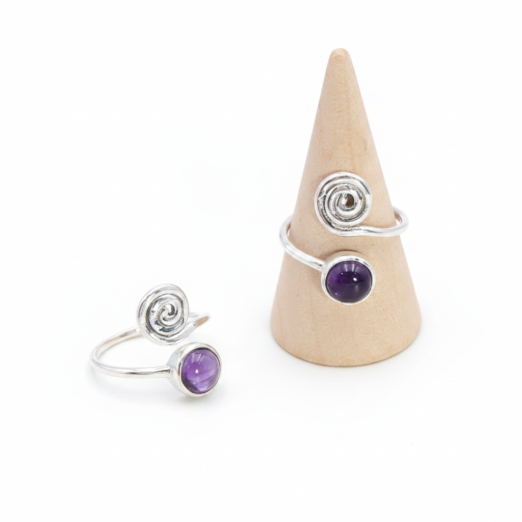 Bague Spirale d'intuition améthyste AA & argent 925 - univers tibet