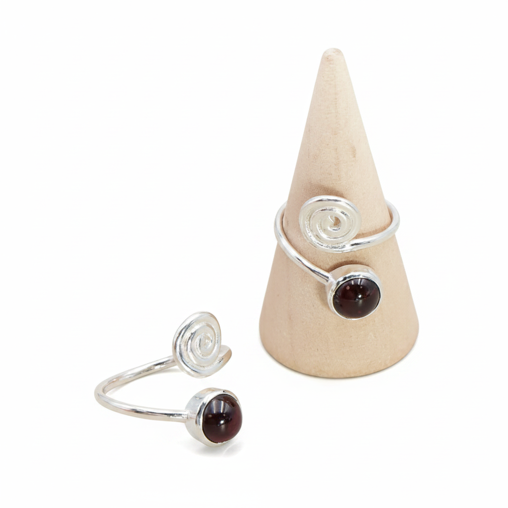 Bague Spirale de vitalité grenat rhodolite AAA & argent 925 - univers tibet
