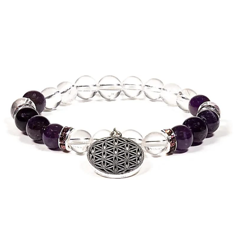 Armband aus Amethyst, Kristall und Fleur de Vie-Blume - Tibetwelt