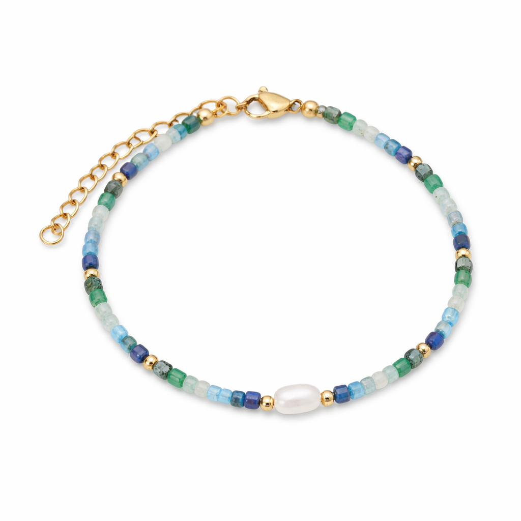 Armband Harmonie der Energien – Blaue Apatit, Smaragd, Lapislazuli, Zoisit-Rubin & Perle aus Süßwasser - Tibetwelt