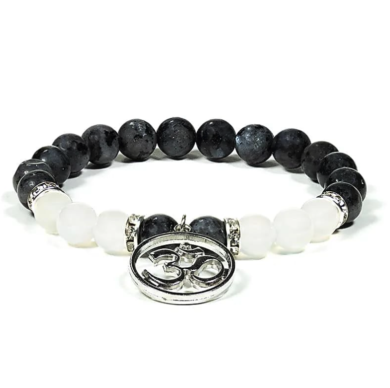 Armband aus Labradorit, Weißer Agat und OM-Symbol - Tibetische Handwerkskunst