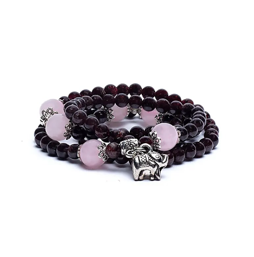 Mala-Armband für Kraft und Sanftheit – Roter Granat, Ros quarz & Elefant - Tibetwelt