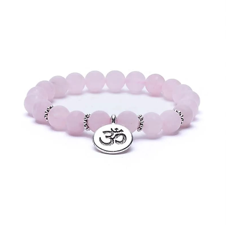 Armband aus Rosenquarz, Symbol OM - Tibetwelt