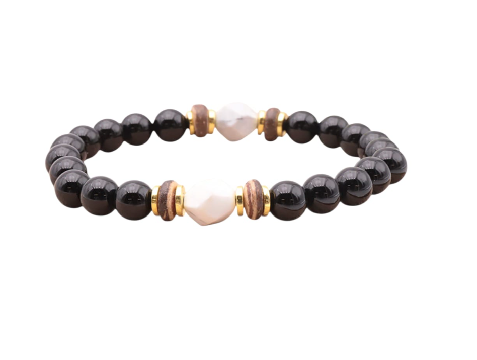 Armband Serenity – Onyx, Weißer Howlit & Holz - Tibetwelt