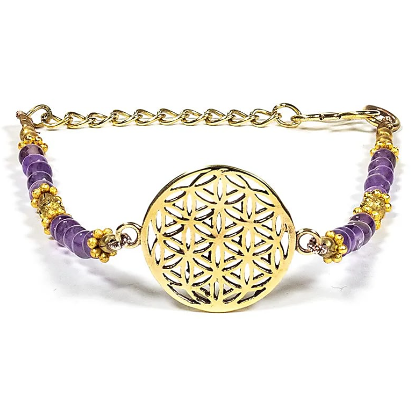 Tibetanischer Armreif mit Blume des Lebens und Amethyst - Tibetwelt