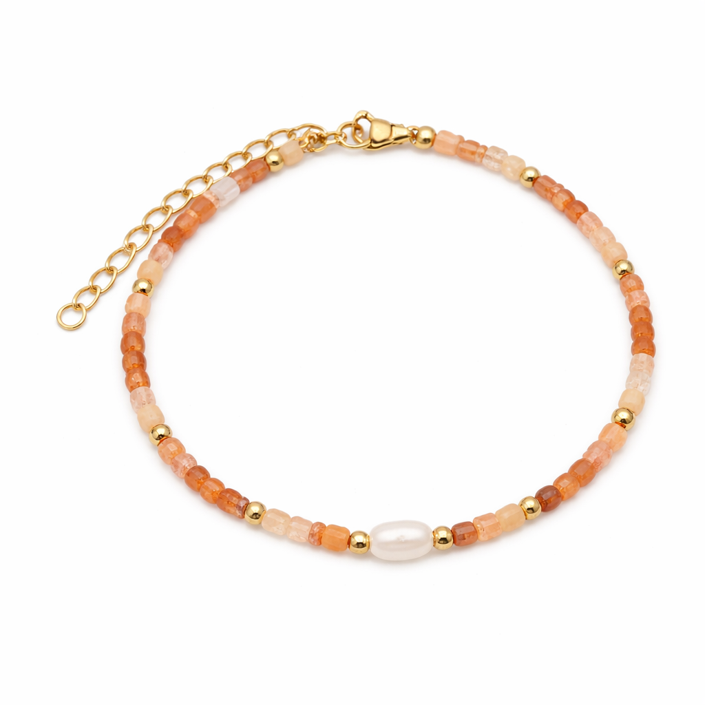 Armband „Sonnenleuchten“ – Karneol, Rosenquarz, Sonnenstein & Perle – Tibetwelt