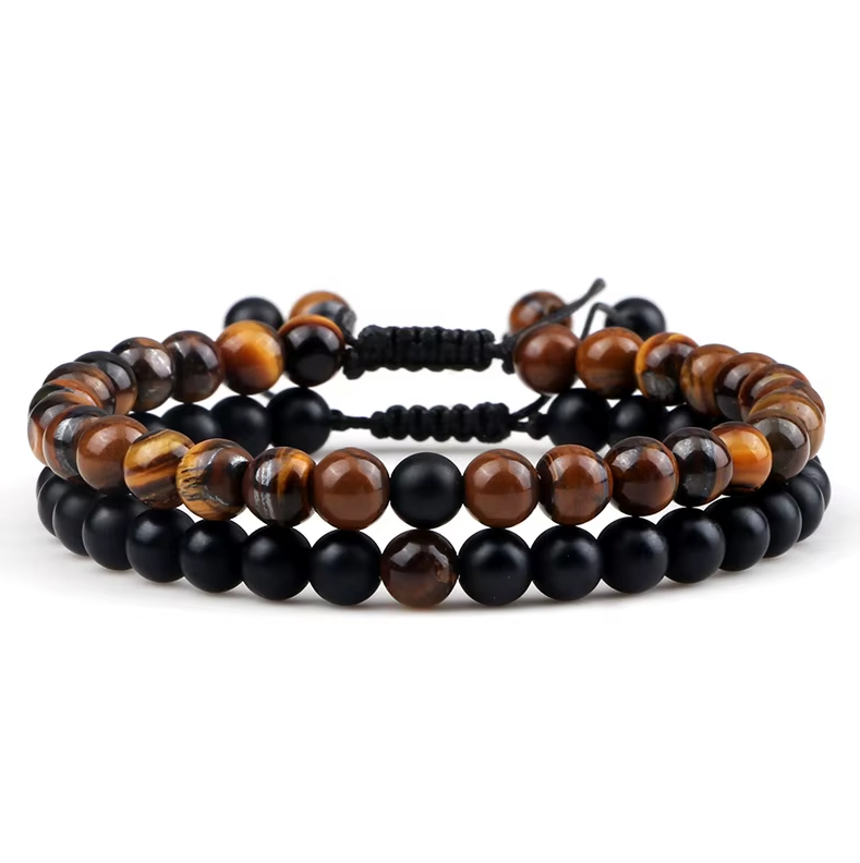 Tibetan Bracelets Duo: Onyx and Tiger Eye - Tibetwelt