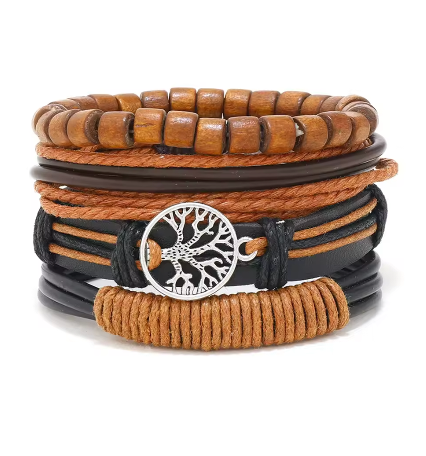 Set mit 4 Lebensbaum-Armbändern aus Holz, Kunstleder und geflochtener Kordel