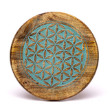 Blauer Beistelltisch „Blume des Lebens“ aus Mangoholz