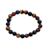 Bracelet rond en perles d’œil de tigre multicolore, aspect brillant, sur fond blanc. Bracelet Triple Œil de Tigre, Protection et Énergie.