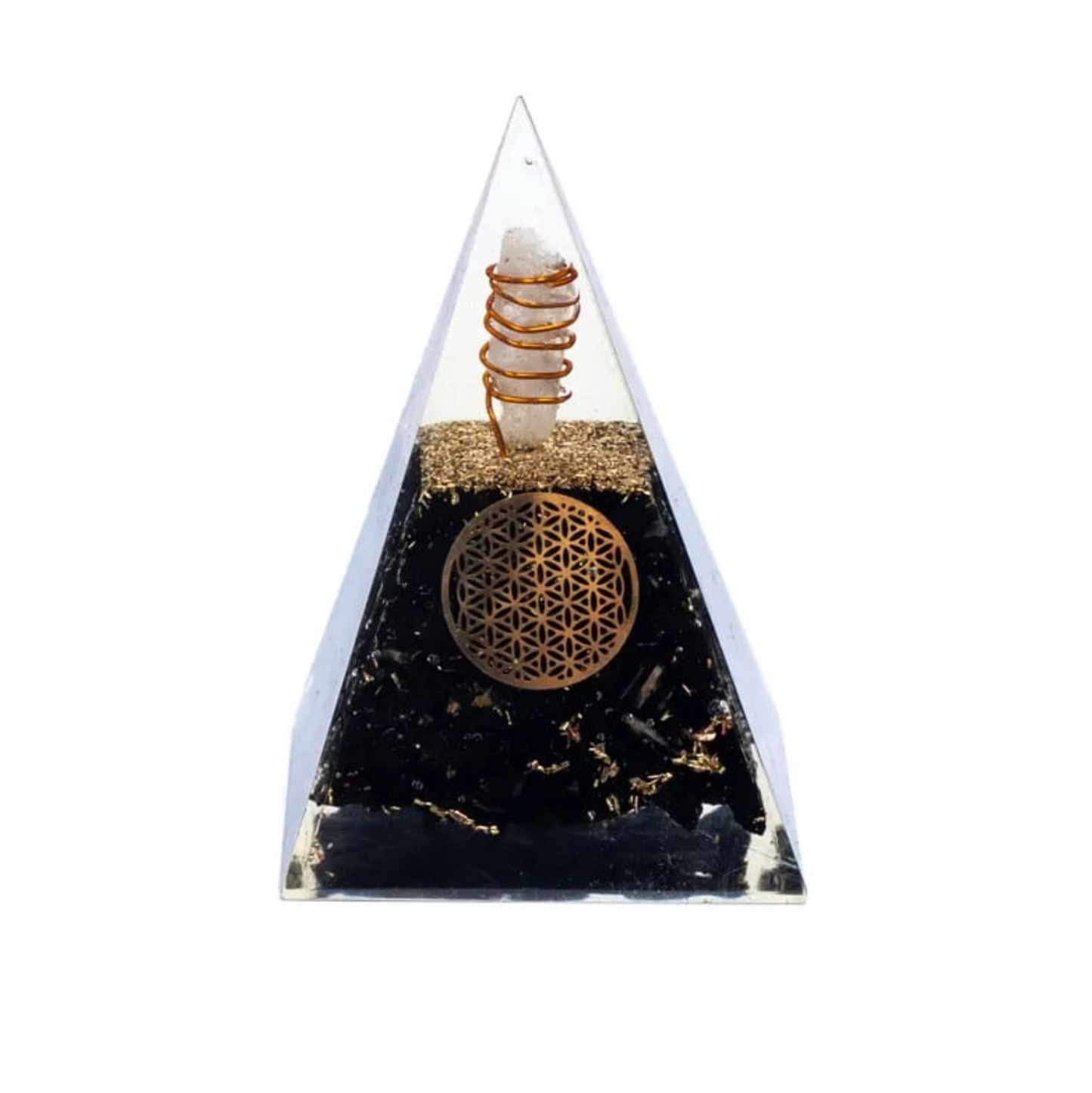 Conique en verre avec spirale cuivre entourant un cristal sur socle noir et ornementations florales dorées. Orgonite Bouclier Sacré Tourmaline Noire - Fleur de Vie.