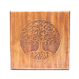 Table arbre de vie en acacia gravé sur bois, motif circulaireTree of life finement sculpté.