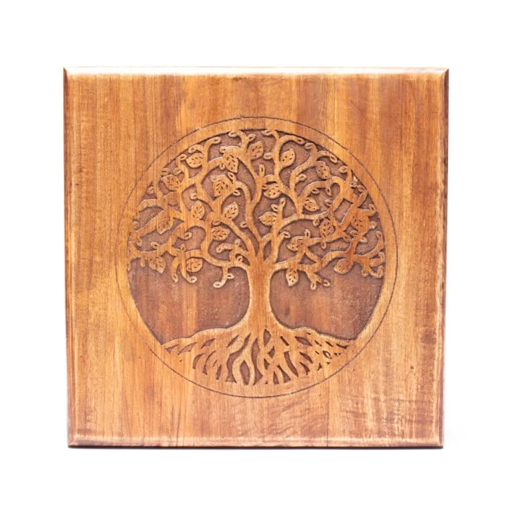 Table arbre de vie en acacia gravé sur bois, motif circulaireTree of life finement sculpté.
