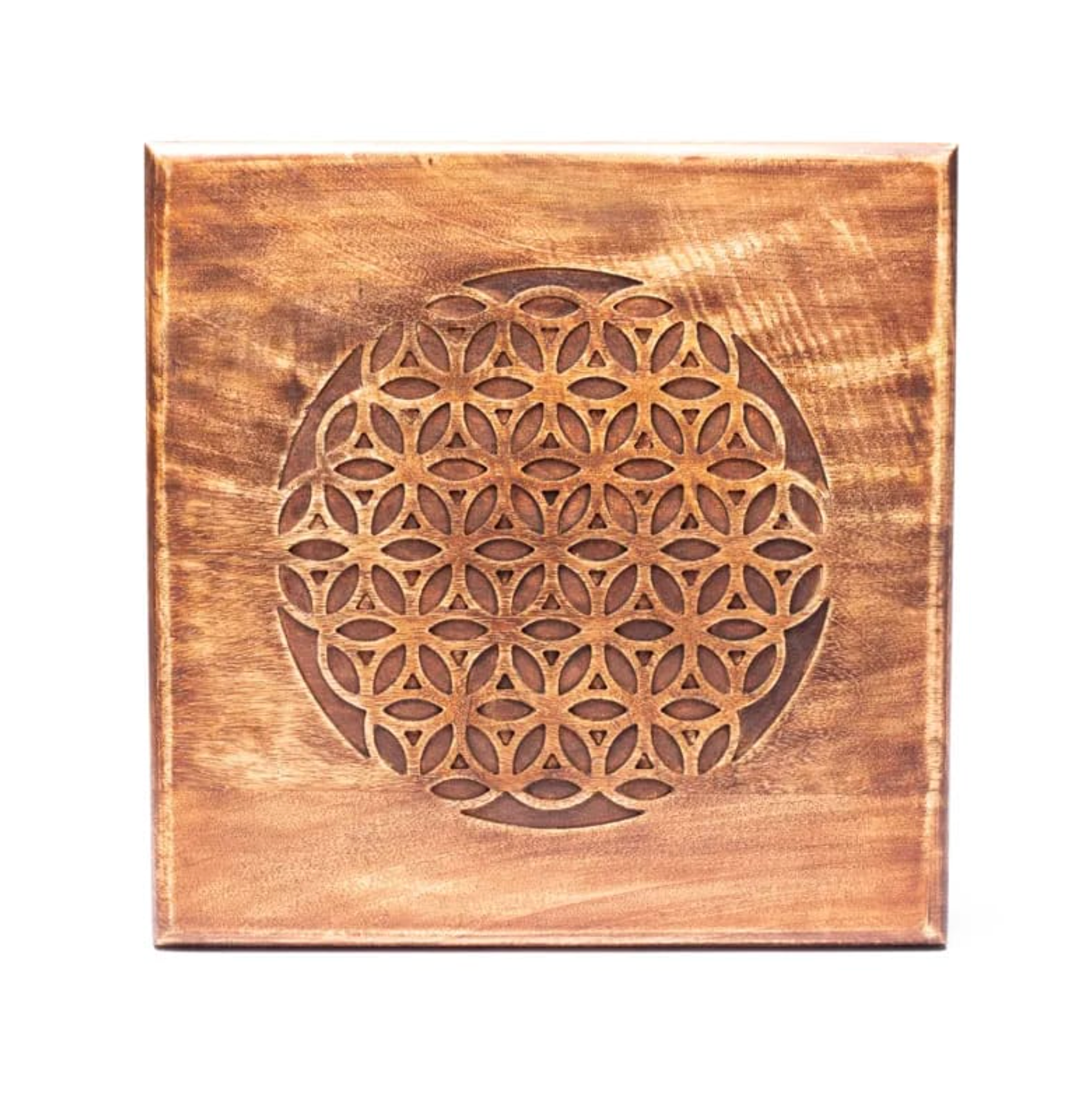 Table sacrée Fleur de Vie en bois – Autel spirituel, plaque décorative en bois avec motif circulaire floral géométrique gravé.