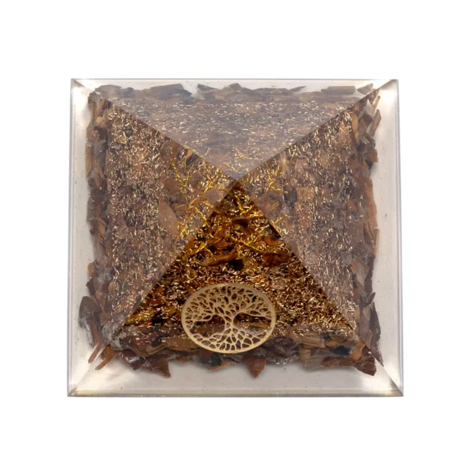 Orgonite Œil de Tigre – Arbre de Vie et Protection Énergétique, galet triangulaire doré et gravures en bois dans un cadre clair.