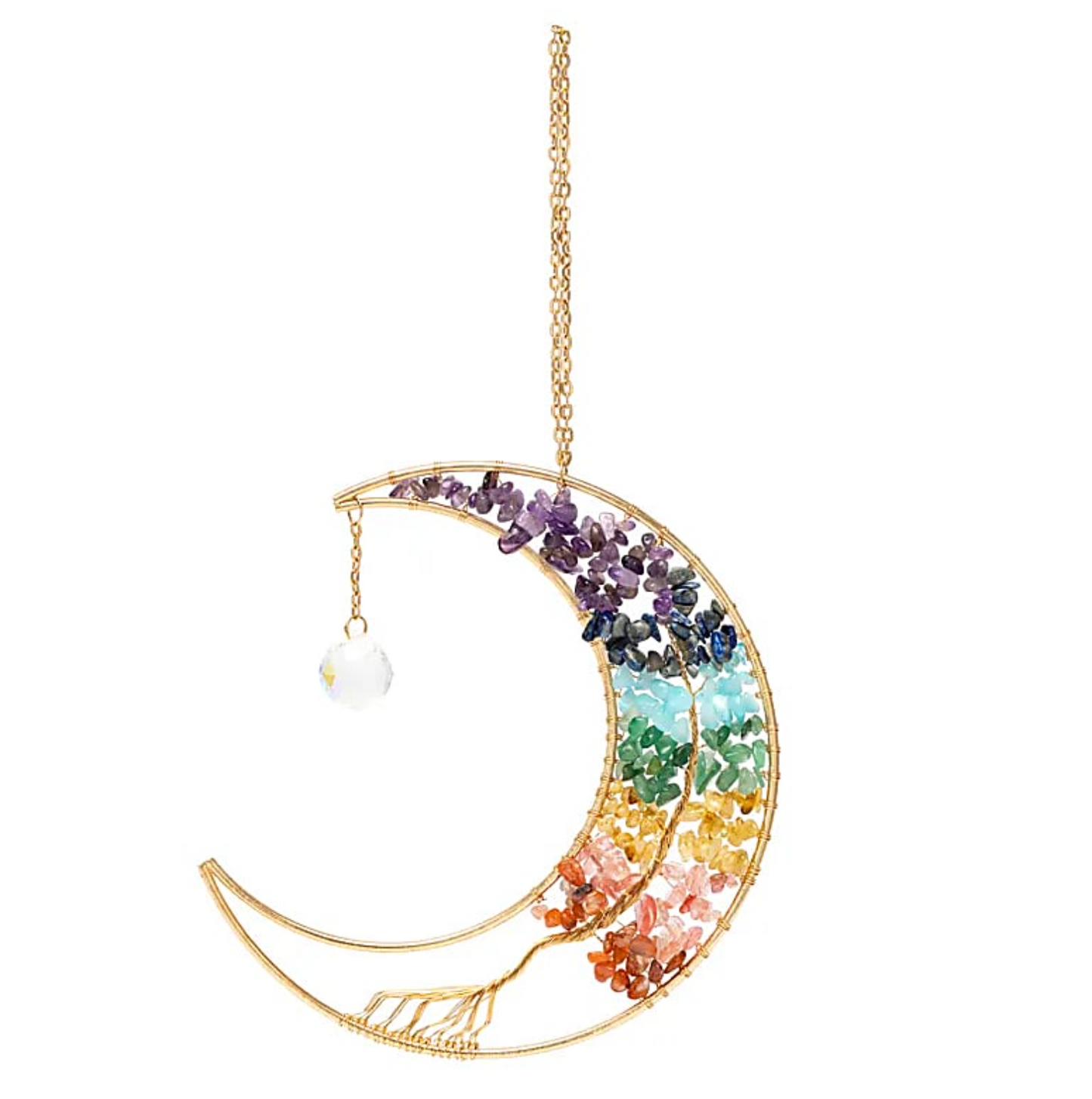 Attrape-Soleil Lune Arbre de Vie 7 Chakras : suspension en métal doré en forme de croissant décoré de pierres multicolores et d’un pendentif cristal blanc.