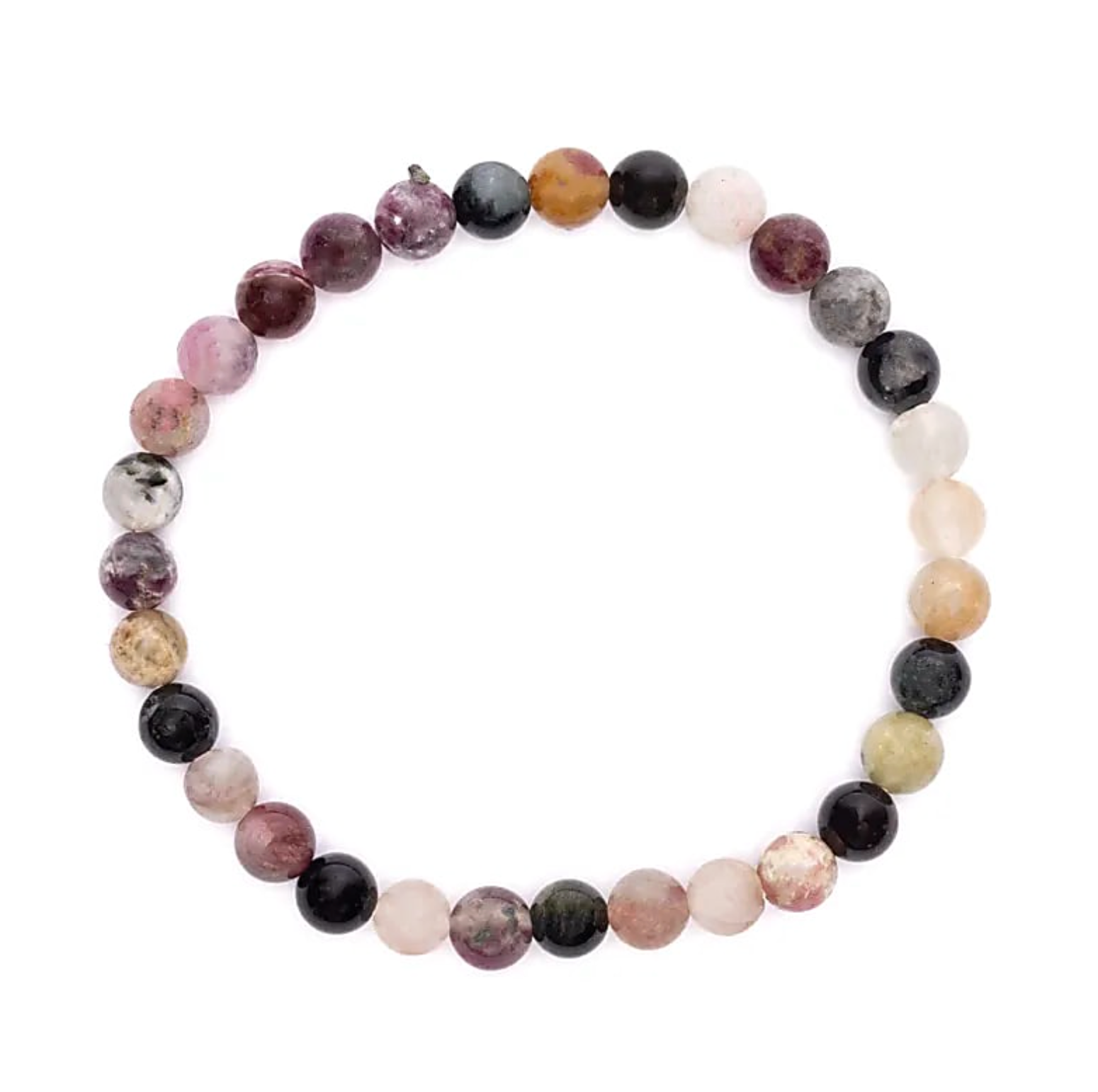 Bracelet en tourmaline naturelle multicolore, perles rondes alignées en arc, reflet énergies positives et équilibre.