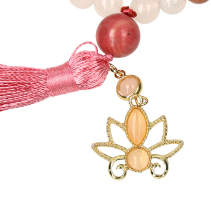 Lotus-Herz-Harmonie-Mala aus Rhodonit, Rosenquarz und weißem Achat – 108 Perlen