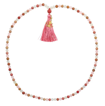 Lotus-Herz-Harmonie-Mala aus Rhodonit, Rosenquarz und weißem Achat – 108 Perlen