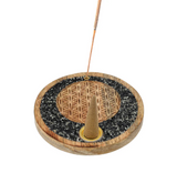 Räucherstäbchenhalter Lebensblume aus Mangoholz, Turmalin und Pyrit