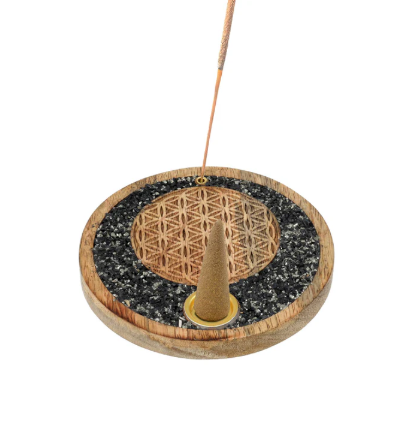Räucherstäbchenhalter Lebensblume aus Mangoholz, Turmalin und Pyrit