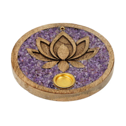 Räucherstäbchenhalter Lotosblume aus Mangoholz und Amethyst