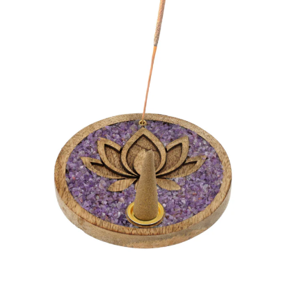 Räucherstäbchenhalter Lotosblume aus Mangoholz und Amethyst