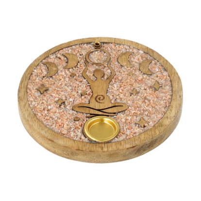 Mondphasen-Räucherstäbchenhalter aus Mangoholz und Mondstein