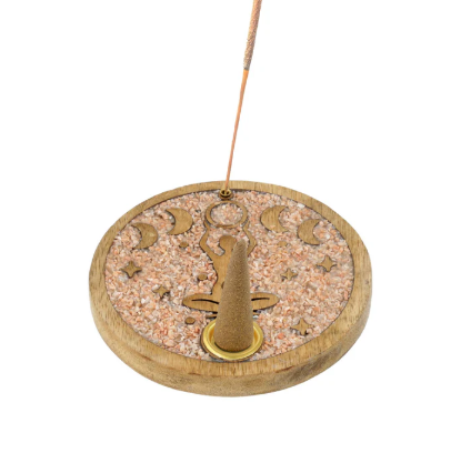 Mondphasen-Räucherstäbchenhalter aus Mangoholz und Mondstein