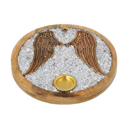 Räucherstäbchenhalter Engelflügel aus Mangoholz und Angelit
