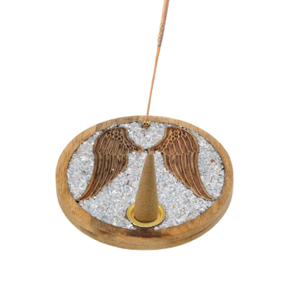Räucherstäbchenhalter Engelflügel aus Mangoholz und Angelit