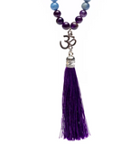 Mala 108 Perlen Amethyst, blauer Aventurin und klarer Quarz – Om-Symbol