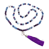 Mala 108 Perlen Amethyst, blauer Aventurin und klarer Quarz – Om-Symbol