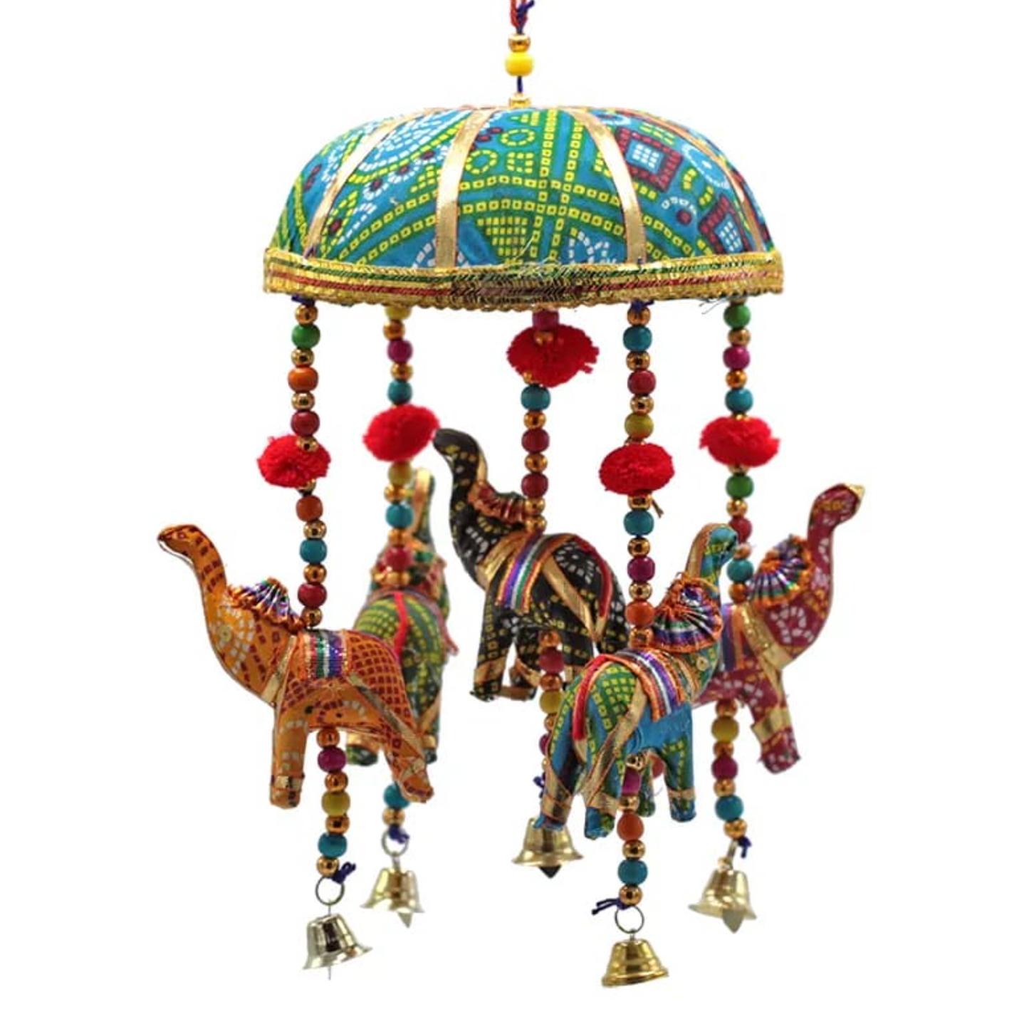 Mobile Élégance Éléphants & Clochettes: suspension décorative colorée avec éléphants en bois/ tissu, perles colorées et petites cloches pendantes.