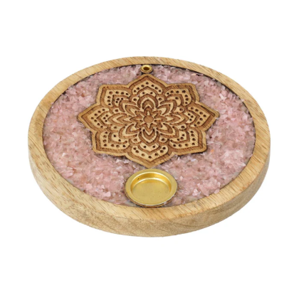 Räucherstäbchenhalter Mandala aus Mangoholz und Rosenquarz