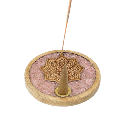 Räucherstäbchenhalter Mandala aus Mangoholz und Rosenquarz