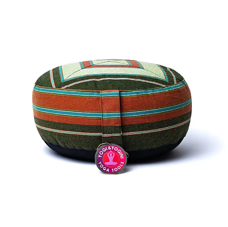 Coussin de méditation beige orange vert et bleu à motifs géométriques - univers tibet