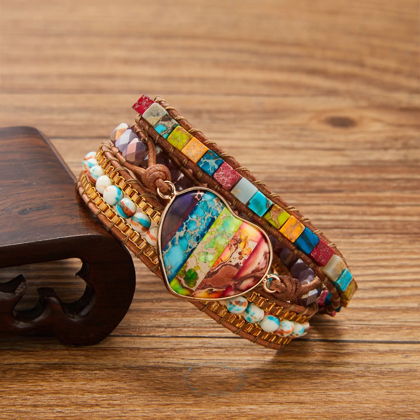 Wickelarmband mit 7 Chakren: Imperialer Jaspis – Kristall – Achat