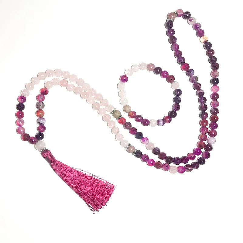 tibetanisches Rosenquarz-Mala, Agat und Rhodochrosite - Tibetwelt
