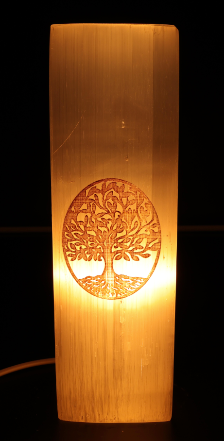 Kerzenhalter Selenit, rechteckig, graviert, Baum des Lebens, 25 cm - Tibetwelt