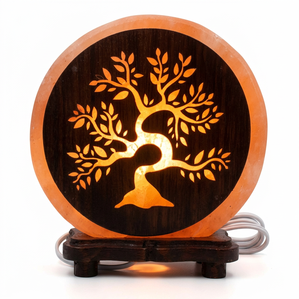 Lampe de sel Arbre de Vie sur socle en bois – 5 kg - univers tibet
