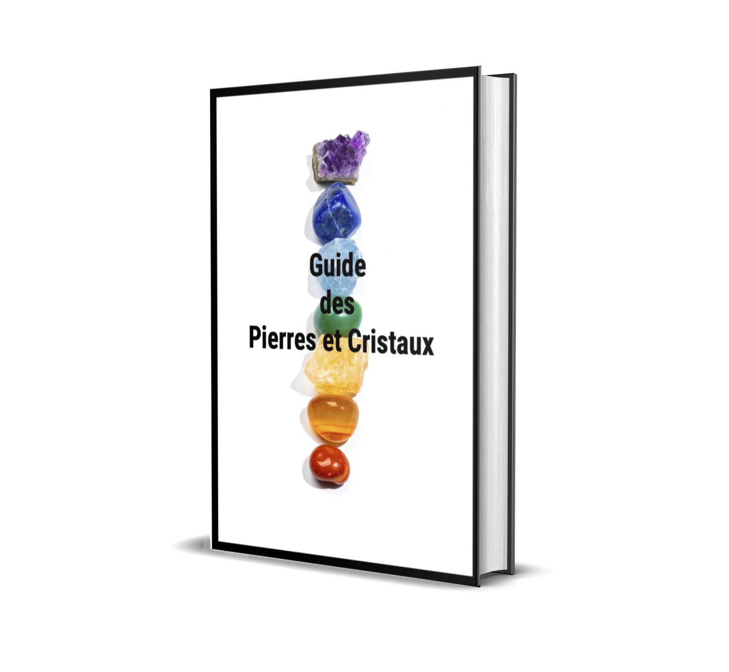 Couverture du guide des pierres et cristaux avec comme image de fond une rangée de pierres multicolores