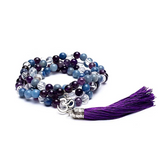 Mala 108 Perles Améthyste, Aventurine Bleue et Quartz Clair - Symbole Om - Univers tibet