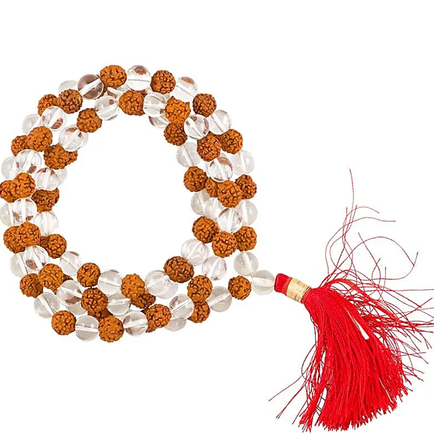 Mala mit 108 Rudraksha-Perlen und Flusskristallen – Reinheit, Schutz und Erhöhung - Tibetwelt
