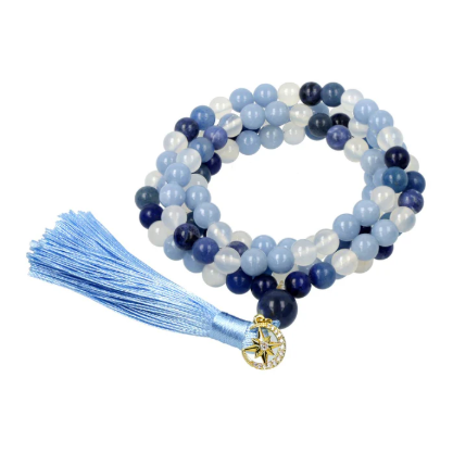 Mala Lune & Étoile Harmonie Céleste en Angélite, Aventurine Bleue, Sodalite et Pierre de Lune Blanche – 108 Perles - univers tibet