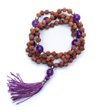 Tibetanischer Mala aus Rudraksha und Amethyst - Tibetwelt