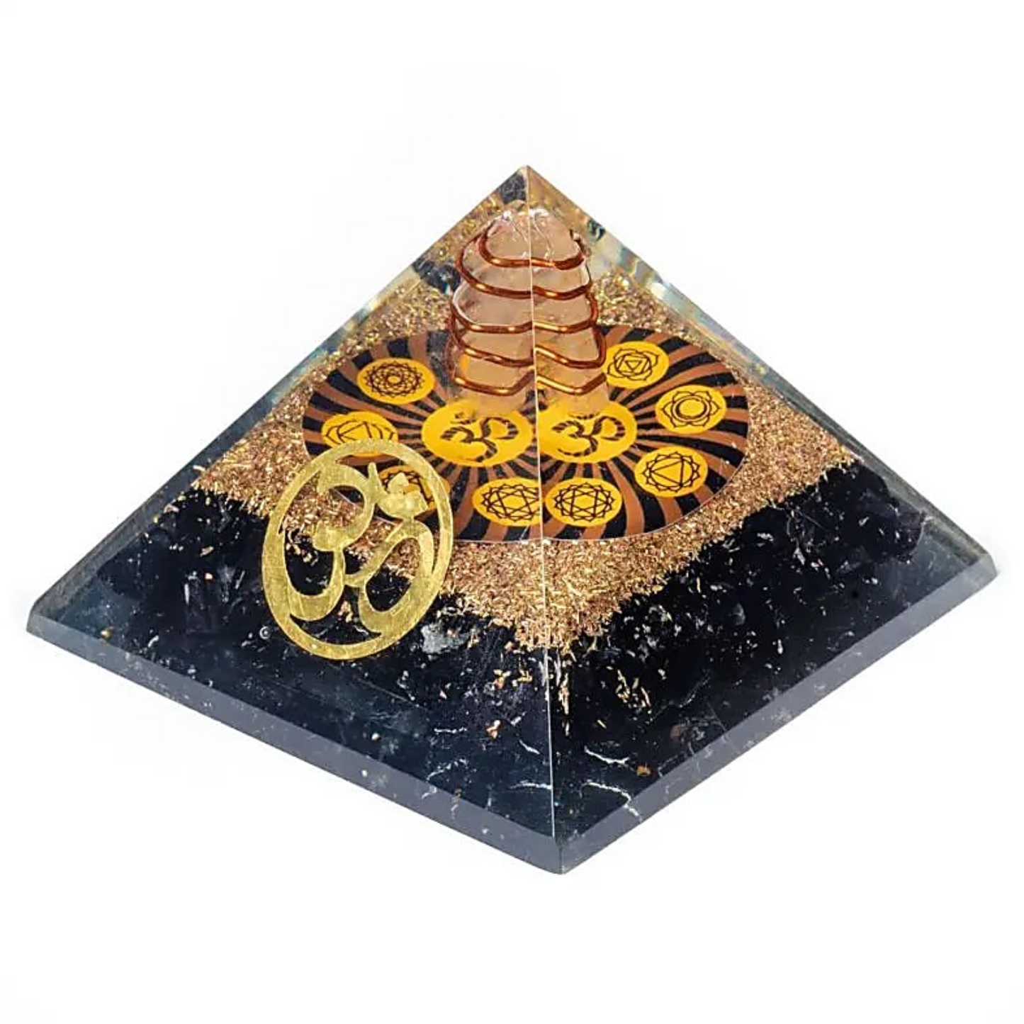 Orgonit Pyramide Chakra mit schwarzem Turmalin & Om-Symbol - Tibetwelt
