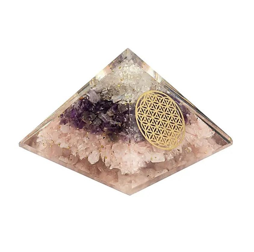 Orgonite Pyramide Triangle d’Or Fleur de Vie – Harmonie & Énergie - univers tibet