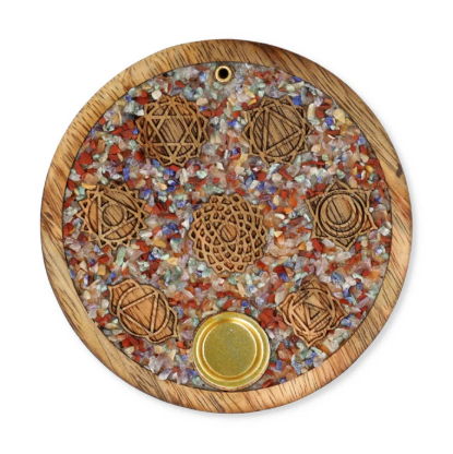 Porte-encens 7 Chakras en bois de Manguier et Pierres de Chakras mélangées - univers tibet