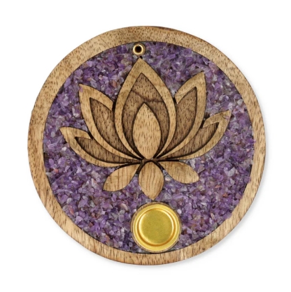 Porte-encens Fleur de Lotus en bois de manguier et améthyste - univers tibet